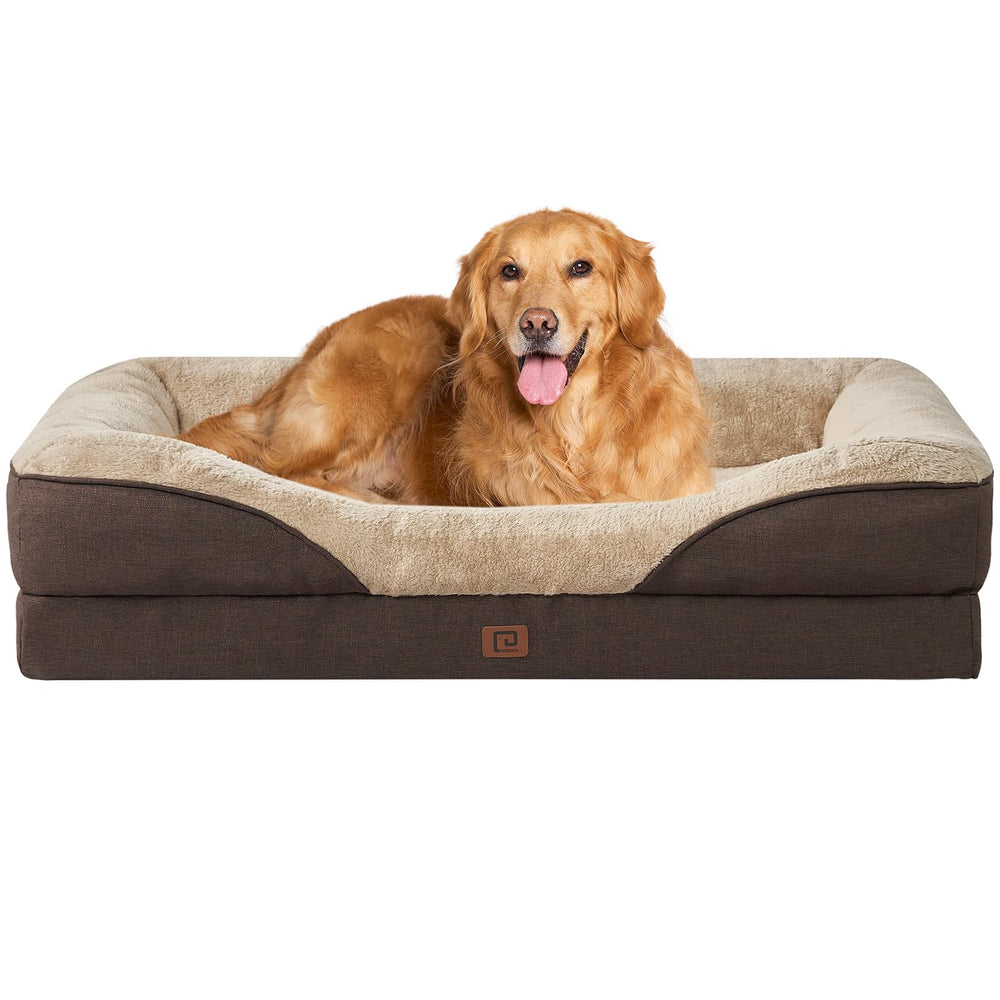 EHEYCIGA Memory Foam XL Dog Bed top view showing plush fleece and bolster comfort