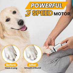 EISNZLAN Nail Grinder low-vibration motor image shows calm grooming for anxious pets