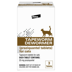 Elanco Tapeworm Dewormer 3-count bottle shown for at-home feline parasite management.