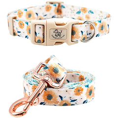 Elegant Little Tail sunflower collar highlights durable fabric and cheerful spring style.
