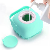 ELEGX pet grooming bath brush with shampoo dispenser in action for mess-free washing