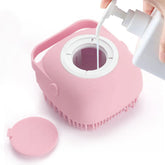 ELEGX Pet Grooming Brush pink dispenser cap demonstrates easy shampoo release for bath time