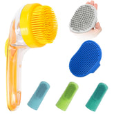 ELEGX pet grooming brush with shampoo dispenser demonstrates ergonomic handle for comfortable bath time.
