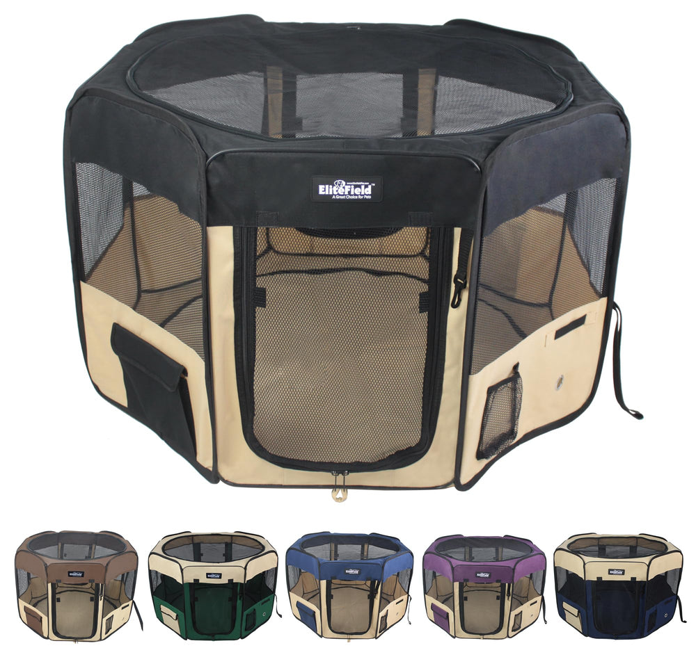 EliteField 2-Door Soft Pet Playpen fully assembled for quick setup and ready play.