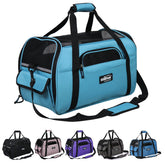 EliteField soft sided pet carrier in sky blue front view highlighting breathable mesh for airflow.
