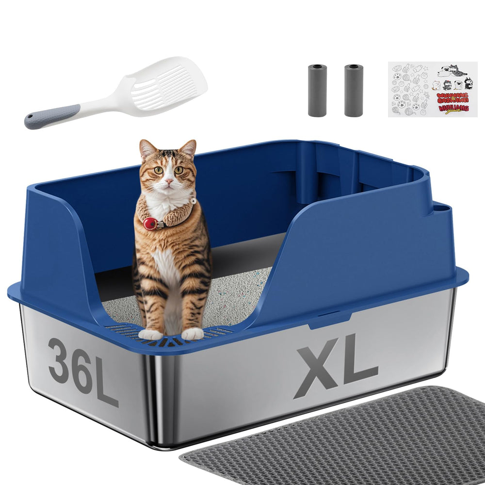 Ellenpent non-stick steel litter box with blue side opening for tidy litter control