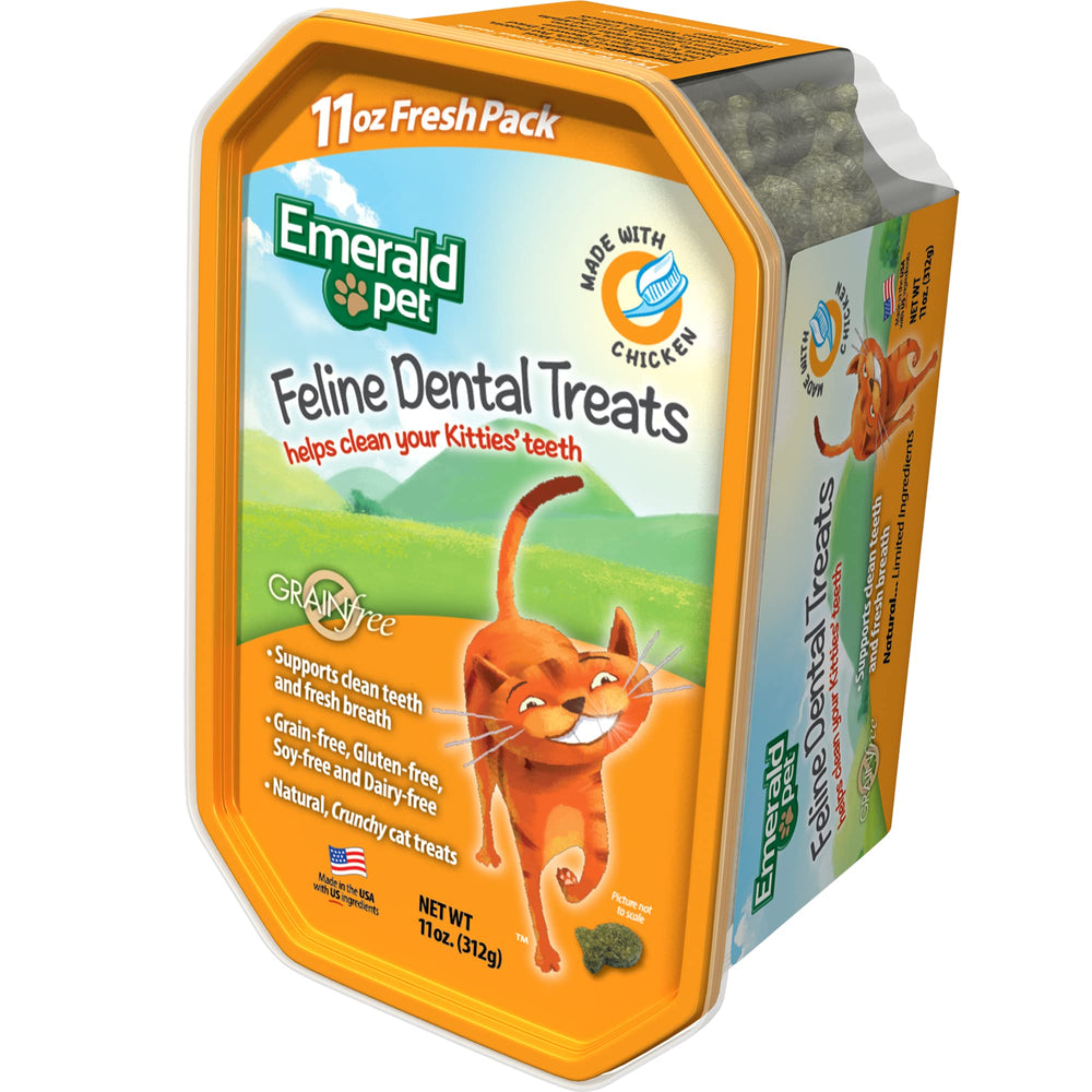 Emerald Pet cat dental treat tub chicken front view highlights crunchy texture for dental care