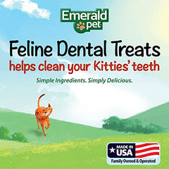 Emerald Pet cat dental treat tub chicken serving-size shot showcases easy portioning for rewards