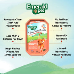 Emerald Pet Cat Dental Treat Tub Salmon contents image shows crunchy chews for plaque support