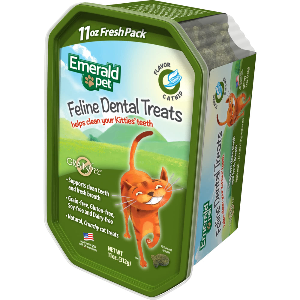 Emerald Pet cat dental treats catnip tub for healthy teeth and fresh breath.