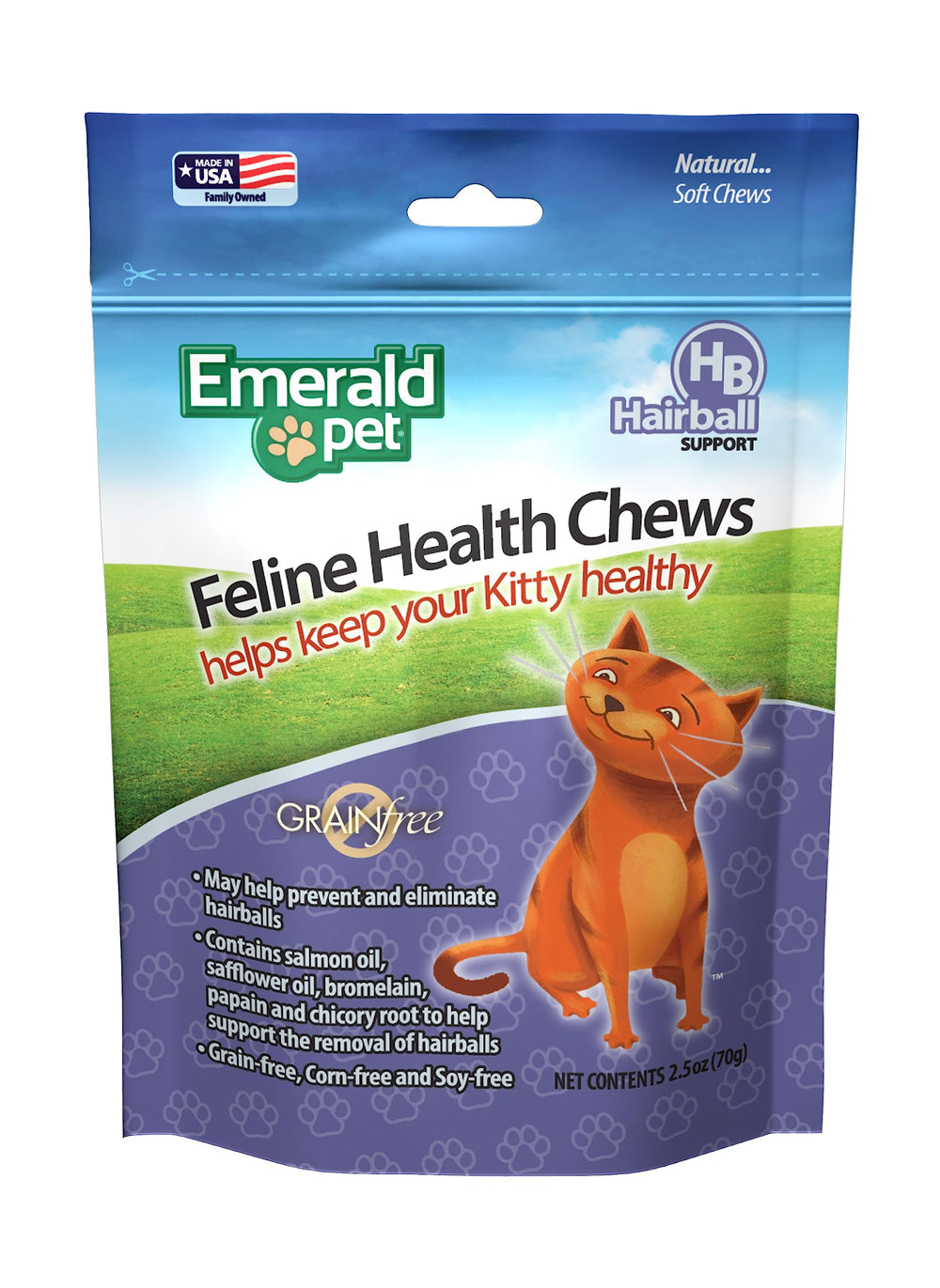 Emerald Pet Feline Health Chews packaging shows grain-free hairball support for cats.