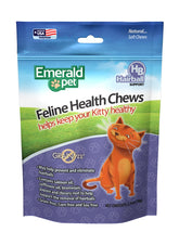 Emerald Pet Feline Health Chews packaging shows grain-free hairball support for cats.