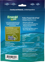 Emerald Pet Wholly Fish tuna treats in hand showing chicken-free option for cats