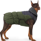 EMUST dog coat green front view emphasizes warmth and protection for cold walks.