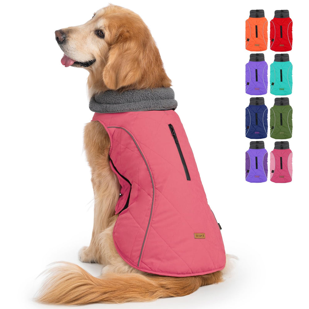 EMUST dog jacket winter pink front view with warm fleece interior for cold walks.