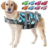 EMUST dog life preserver front view shows high buoyancy for swimming safety