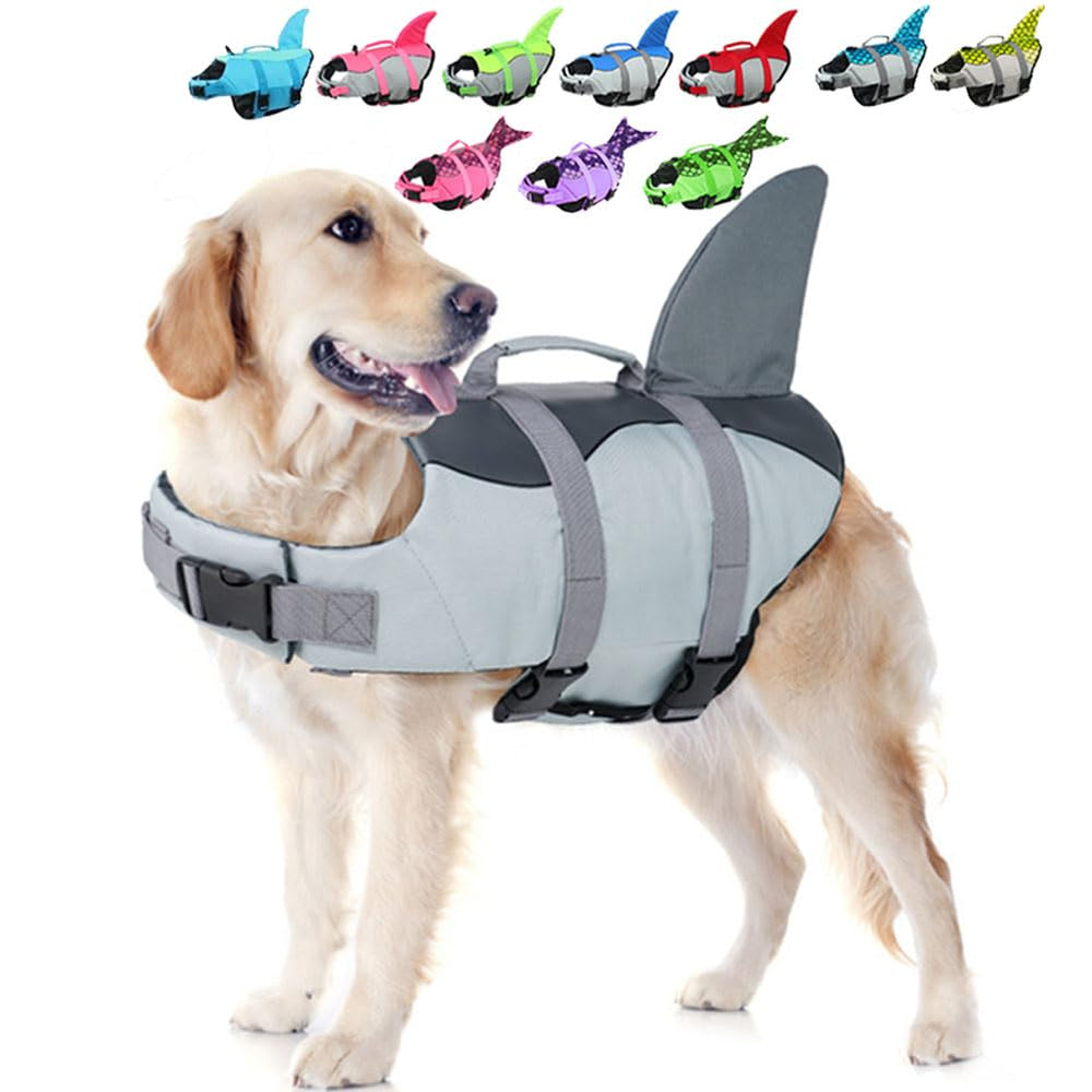 EMUST Shark Life Jacket with rescue handle keeps dogs safe and easy to lift from water.