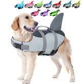 EMUST Shark Life Jacket with rescue handle keeps dogs safe and easy to lift from water.