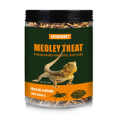 Entopropet dried mealworms jar closeup, protein-rich reptile snack.