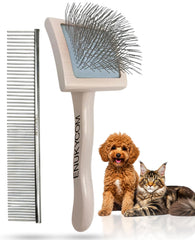 ENUKYCOM pet slicker brush detangles coats for small breeds during grooming.
