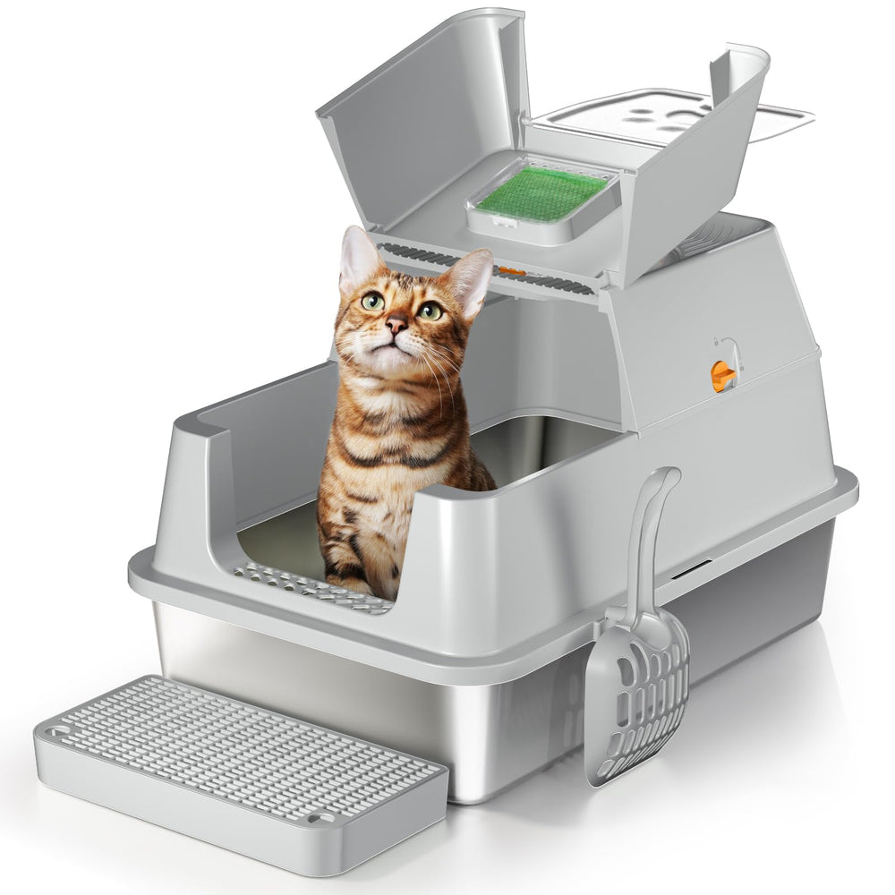 Eosarcu flip-top-litter-box-outside-grey demonstrates easy cleaning with durable stainless steel.