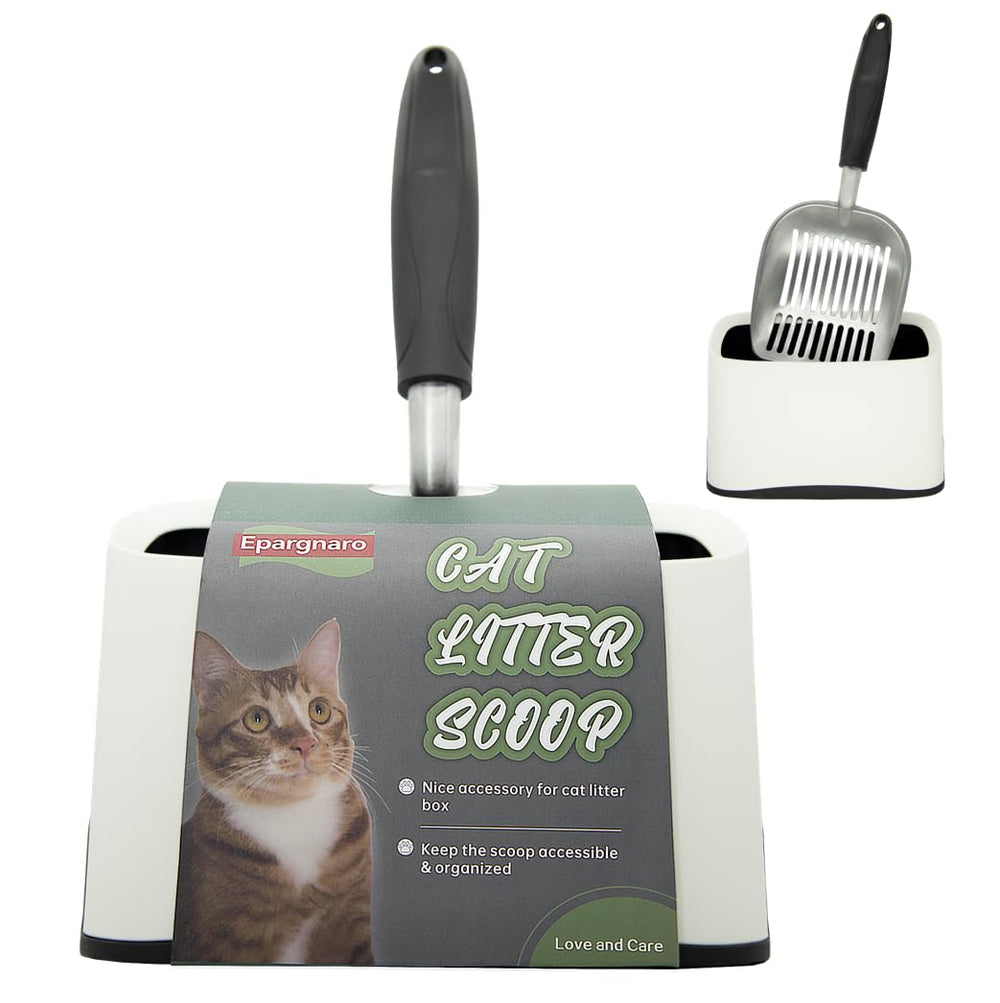 Epargnaro heavy duty cat litter scoop with holder front view for quick, clean scooping