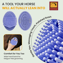 Epona Lavender Flexible Glossy Curry Comb on leg area demonstrates precise loosening of dirt and mud