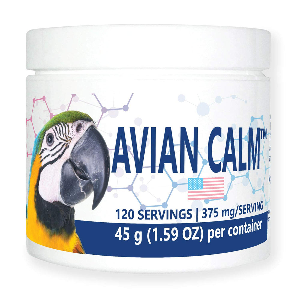 Equa Holistics Avian Calm bottle closeup; supports calmer behavior in parrots