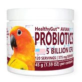 Equa Holistics HealthyGut avian probiotics bottle shows daily digestion support for parrots.
