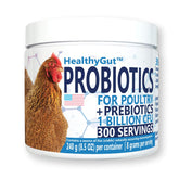 Equa Holistics HealthyGut probiotics bottle showcases poultry-friendly strains supporting digestion.