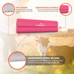 EquiGroomer EasyGroomer pink deshedding brush on cat coat shows versatile grooming benefits.