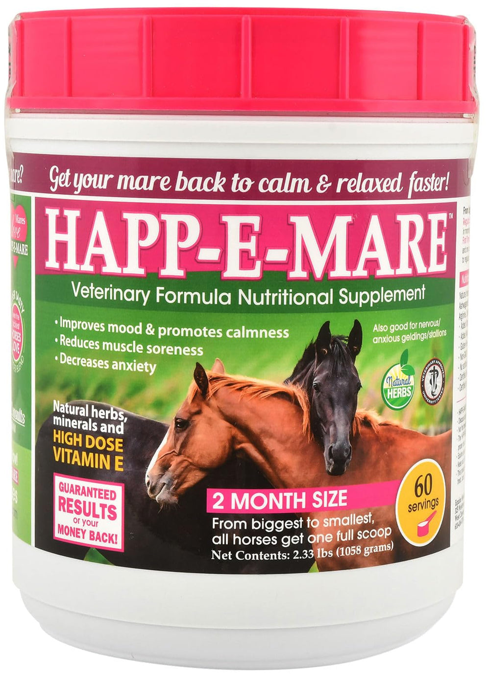 Equine Medical Happ-E-Mare bottle, calming mare supplement for calmer riding.