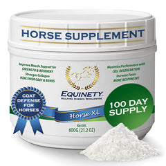 Equinety Horse XL tub front label highlighting 100-day supply for joint and coat support