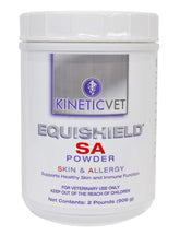 EquiShield KineticVet SA powder packaging highlights a skin-supporting supplement for horses.