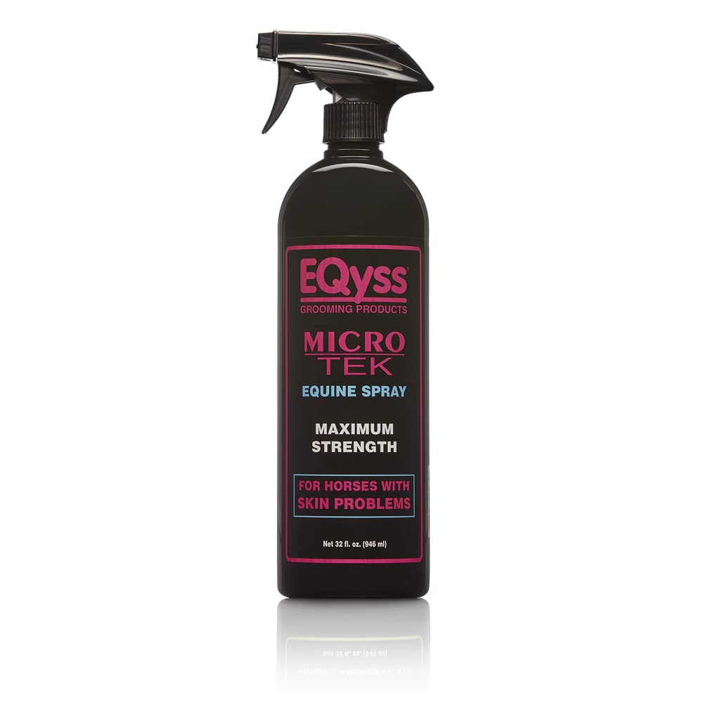 Eqyss Micro-Tek equine spray bottle close-up highlighting soothing itch relief.