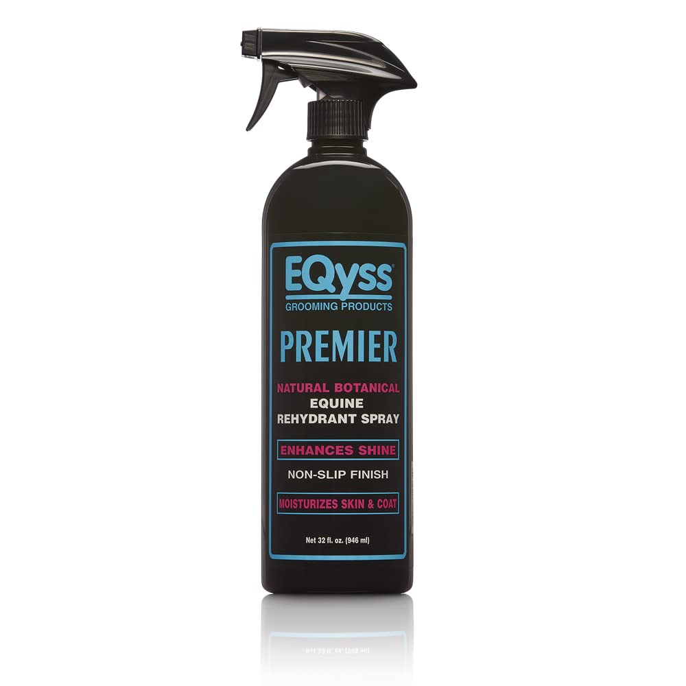 Eqyss Premier Equine Spray bottle closeup highlights moisture-rich formula for skin and coat