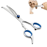 Erioscar curved dog grooming scissors blade close-up for precise, smooth trims.