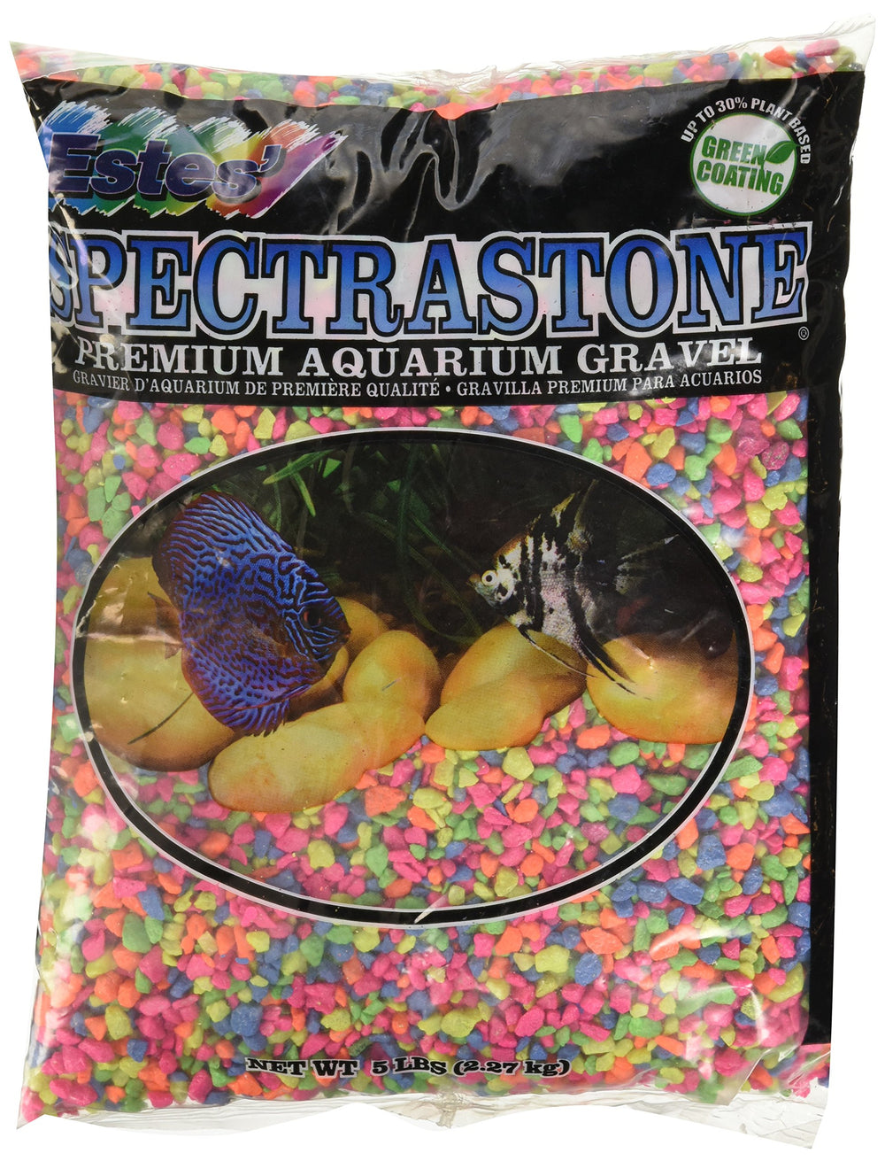 Estes Spectrastone rainbow gravel front-pack shows vibrant color for bright freshwater tanks.