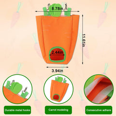 Estivaux hay feeder carrot-shaped bag hanging on cage for stable feeding.