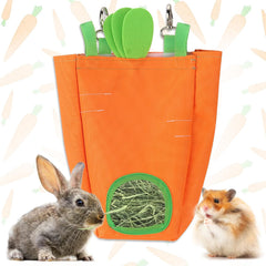 Estivaux Rabbit Hay Feeder Bag closeup showing carrot design for mess-free feeding.