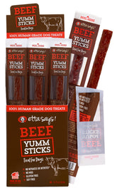 etta says! Yumm Sticks beef jerky pack front shows real meat treats for dogs