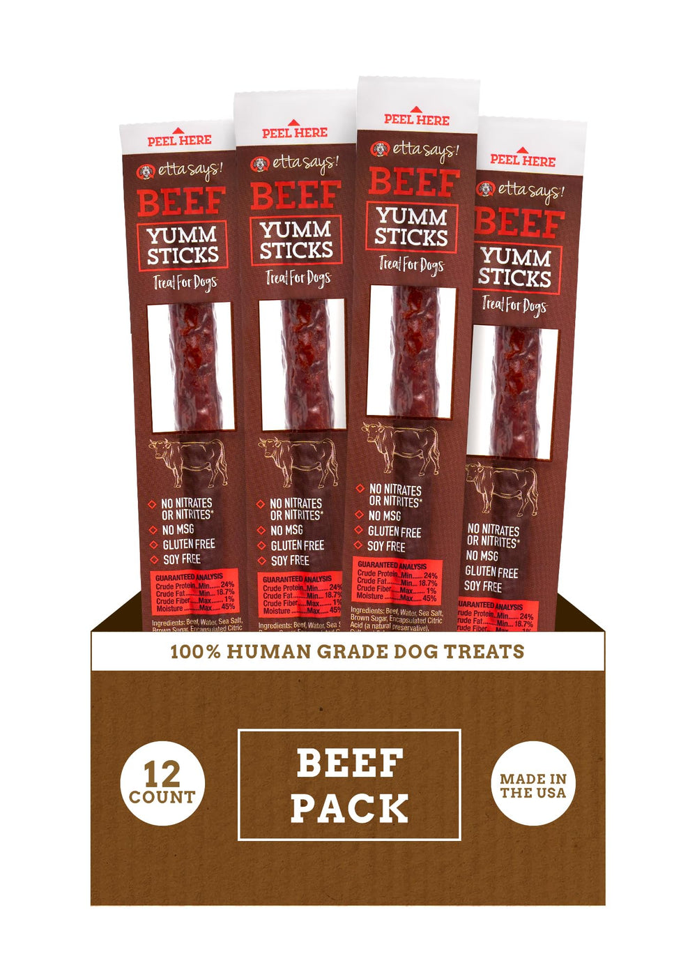 etta says! Yumm Sticks beef jerky packaging – convenient, fresh rewards for dogs.