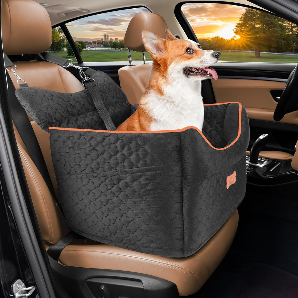 EUHAMS dog car seat front view shows elevated position for better outside view.