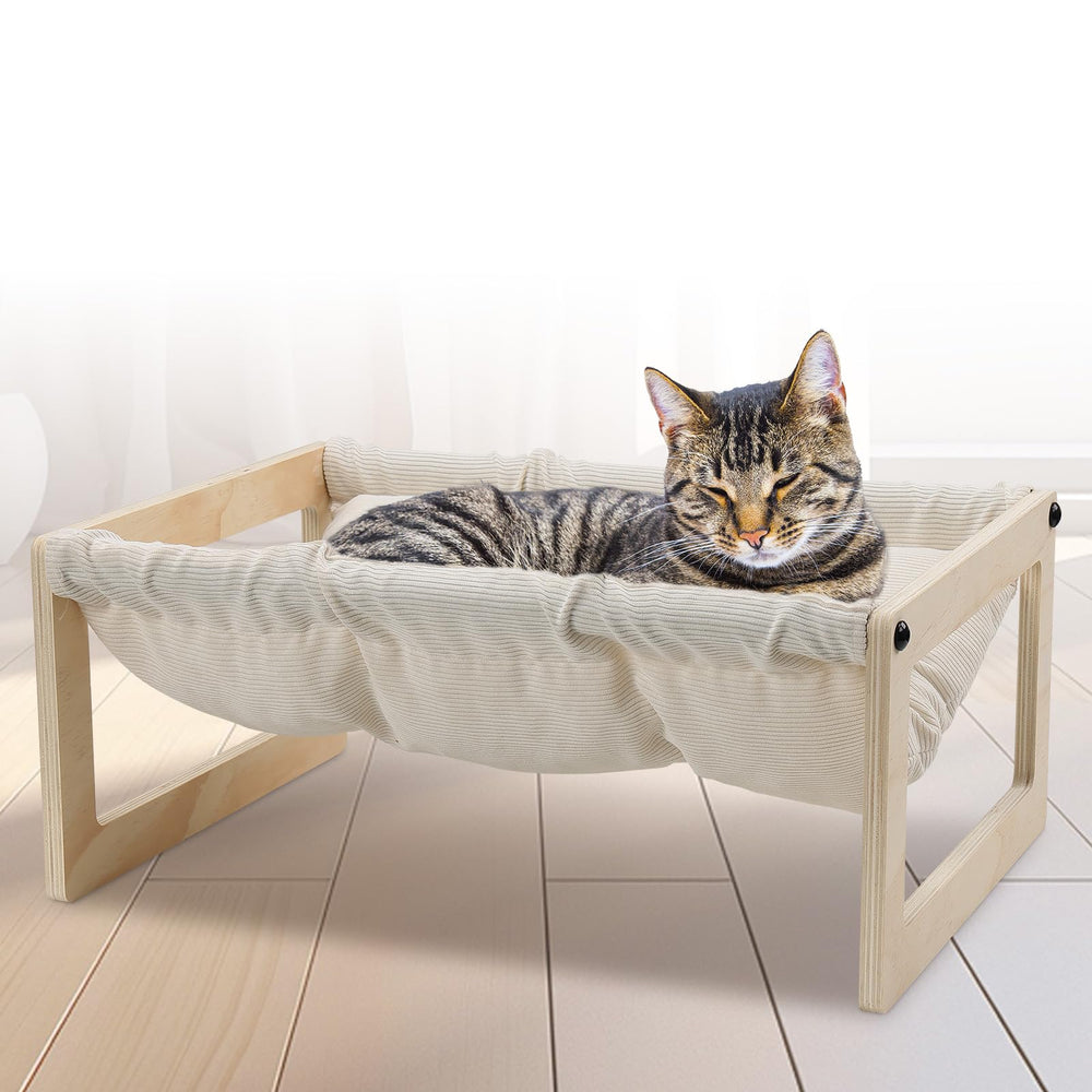 EUIJOIP cat bed wooden hammock frame promotes stable rest for pets.