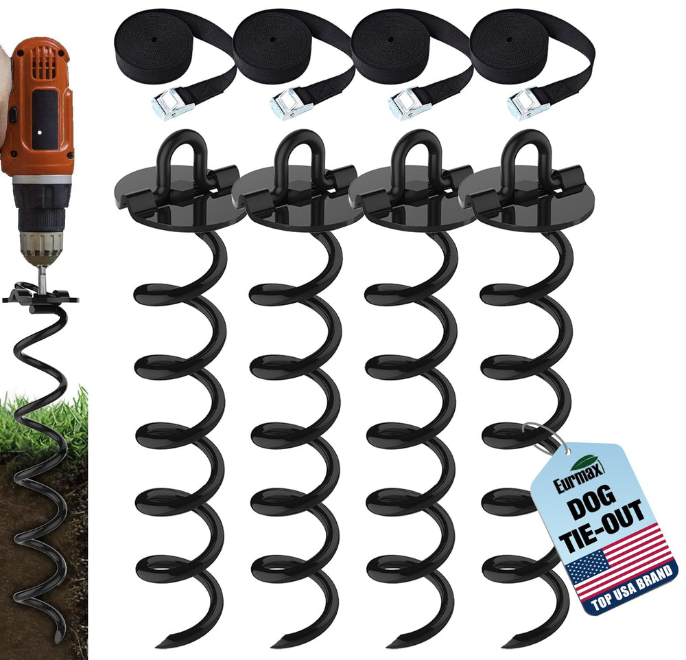 Eurmax USA 4-pc spiral stakes pack securing a ground anchor for tents and trampolines.