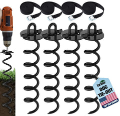 Eurmax USA 4-pc spiral stakes pack securing a ground anchor for tents and trampolines.