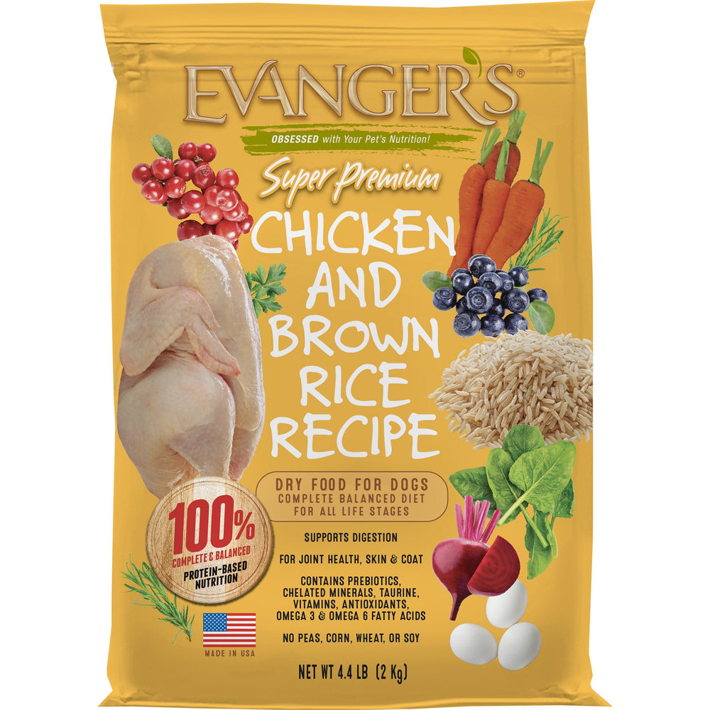 Evanger's Chicken Brown Rice bag shows real chicken first ingredient for lean muscle and steady energy