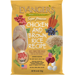 Evanger's Chicken Brown Rice bag shows real chicken first ingredient for lean muscle and steady energy