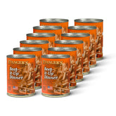 Evanger's Heritage Classics Beef It Up Dinner can close-up: fresh beef for lean muscle support.