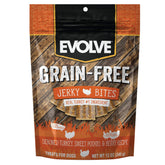 Evolve Grain Free Turkey Jerky Bites real-deboned-turkey close-up shows protein-rich reward for dogs